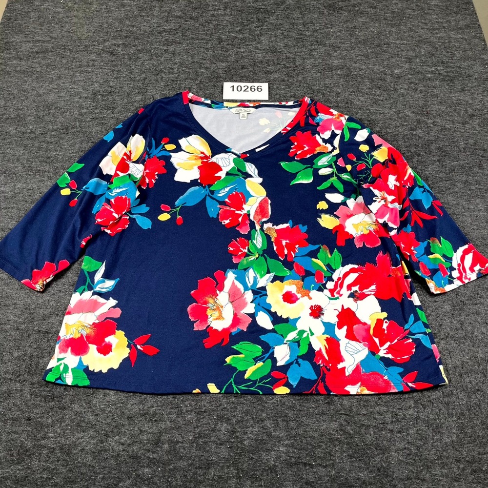 The Pioneer Blouse Top Women's 2XL Blue Red Floral 3/4 Sleeve V Neck Pullover